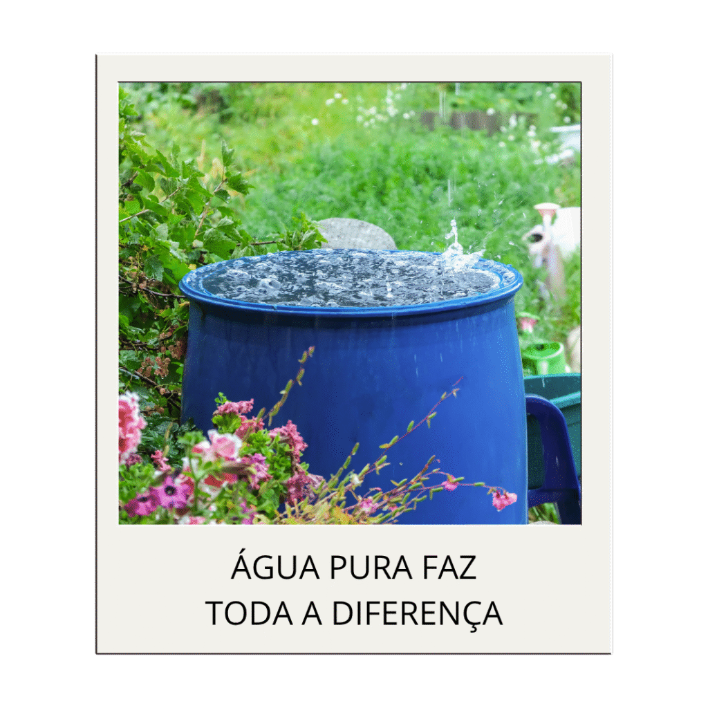 uma bacia com água da chuva com a legenda 